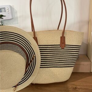 Straw Tote Bag with Black Stripe Detail